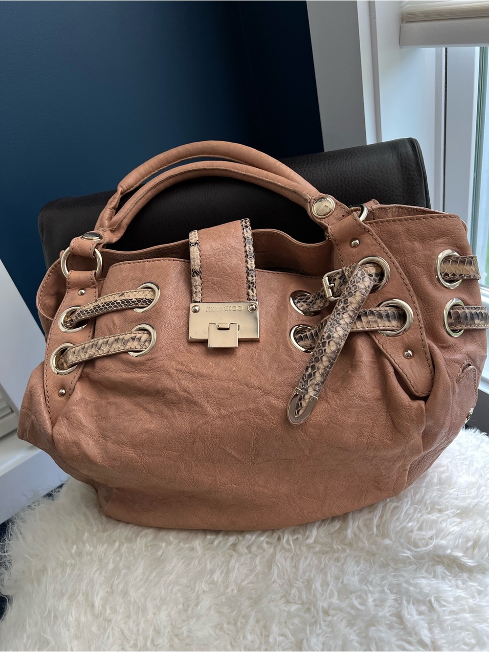 Jimmy Choo Ramona Hobo bag in a mauve-brown leather with snakeskin trim